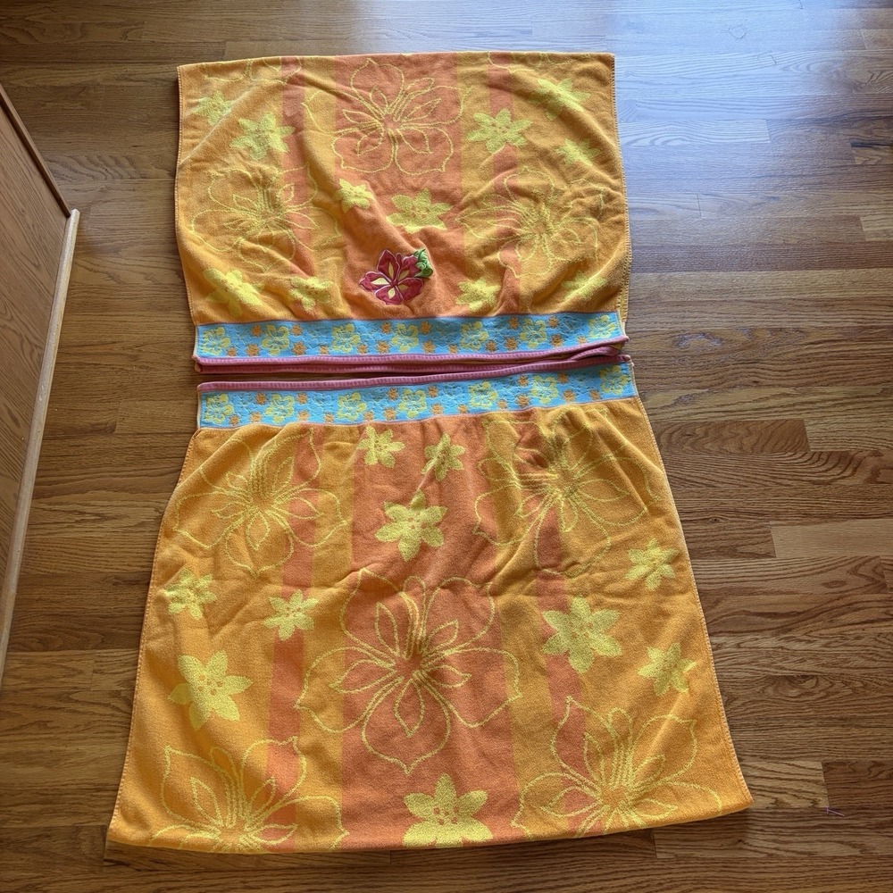 2 Vintage 90s Hibiscus Beach Towels Multicolor Embroider Appliqué Tropical‎ Boho - Picture 6 of 16